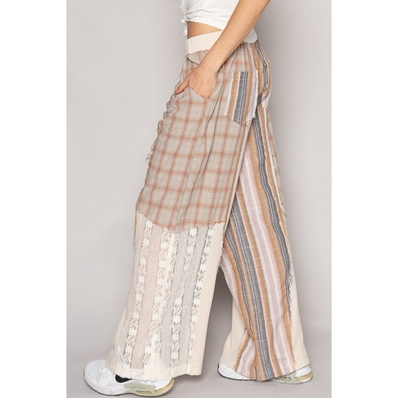 POL Natural Tan Washed Cotton Plaid with Stripes Lace Leg Pants - Picture 8 of 12